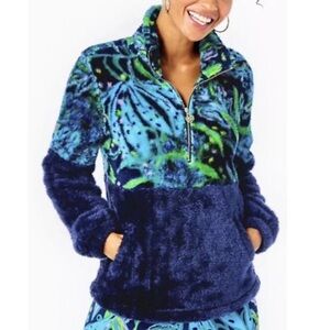 NWT Lilly Pulitzer Keala Sherpa Popover Top Hoodie Low Tide Navy Catty Large